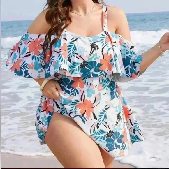 BloomChic Other - NWT!Tropical adjustable strap cold shoulder ruffle swim dress size 12 or Large